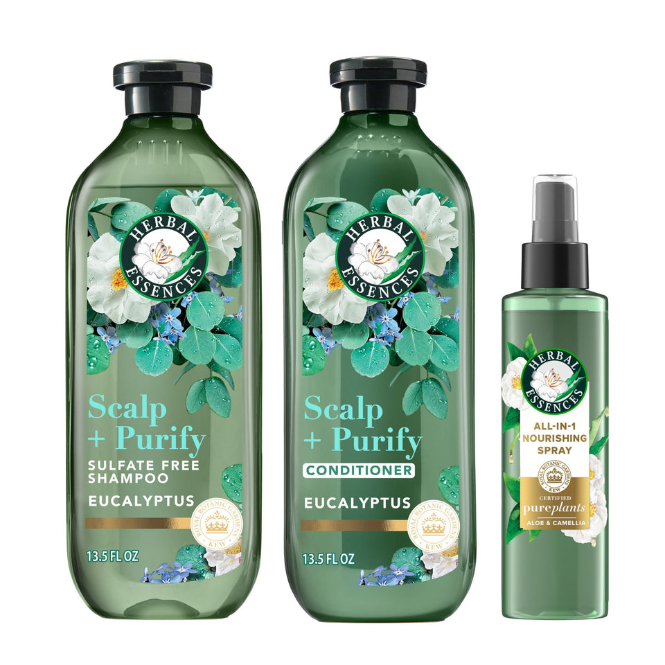Herbal Essences front packaging trio showing set and fresh eucalyptus scent