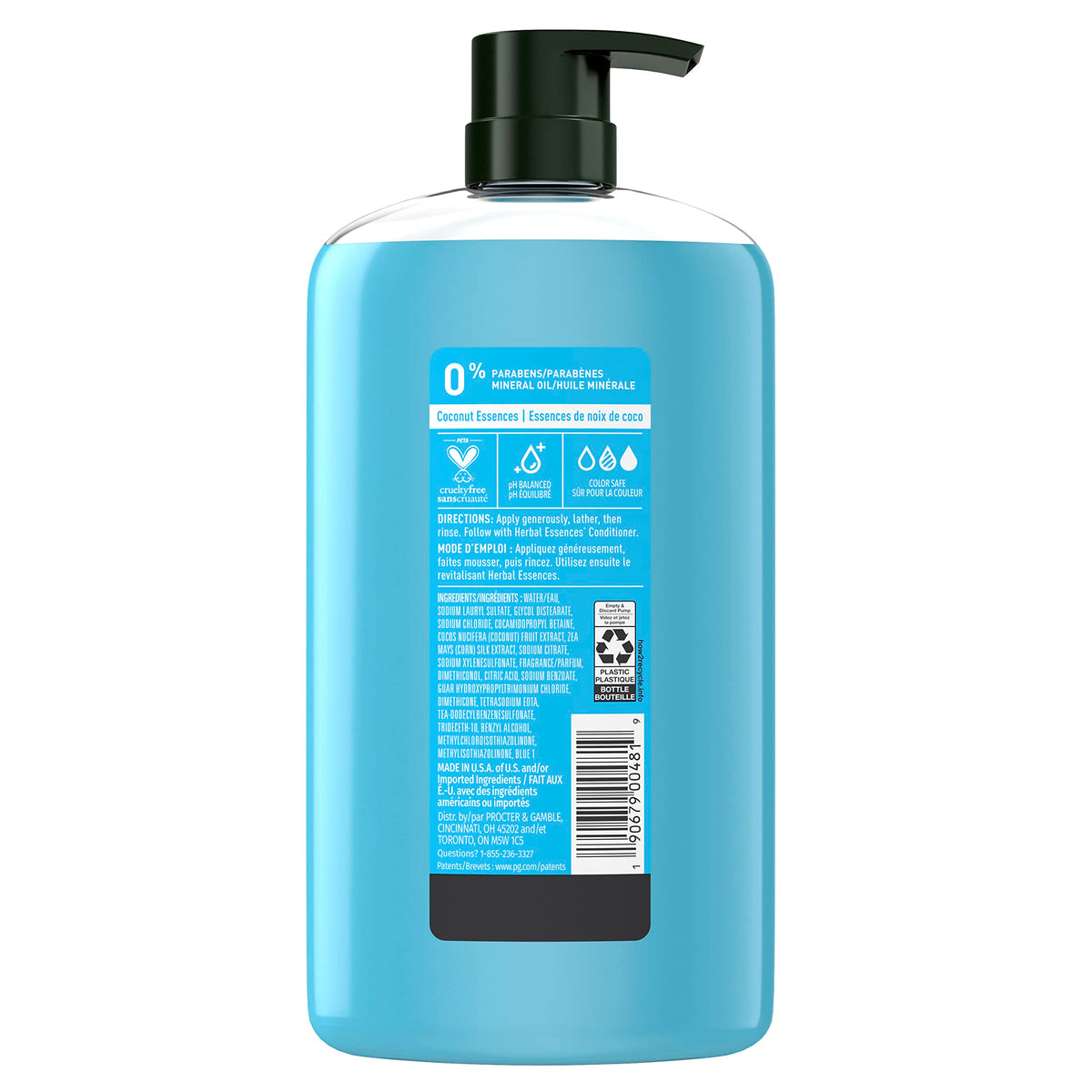 Herbal Essences back label close-up listing ingredients and product claims