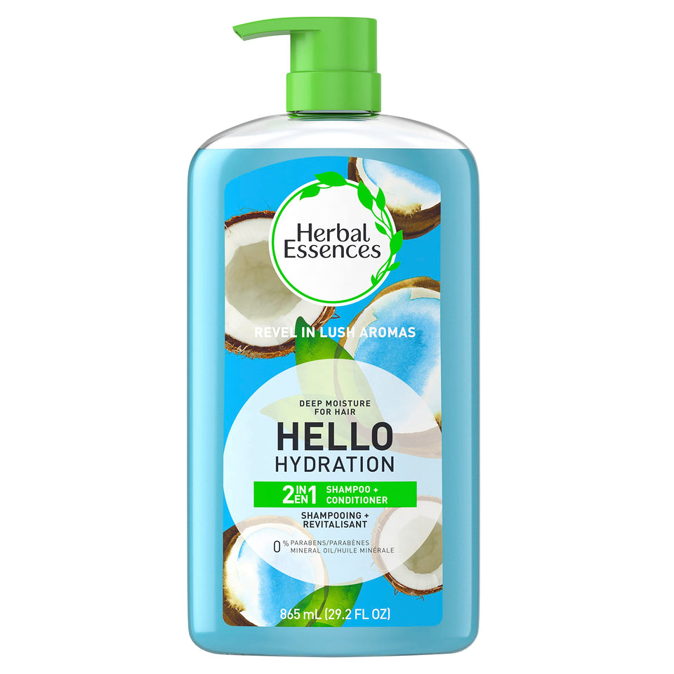 Herbal Essences front packaging showing bottle and coconut scent, quick routine benefit