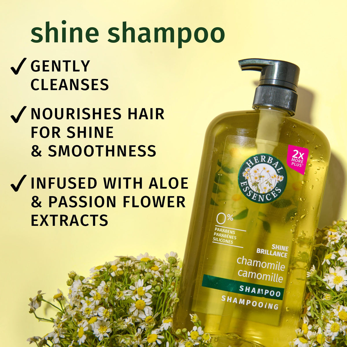 Herbal Essences label close-up featuring chamomile and aloe callouts for natural extracts.