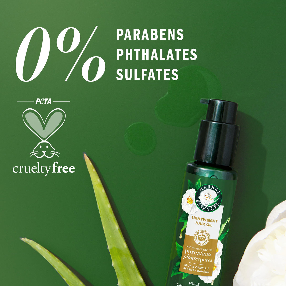 Herbal Essences oil texture being dispensed to palm illustrating lightweight feel