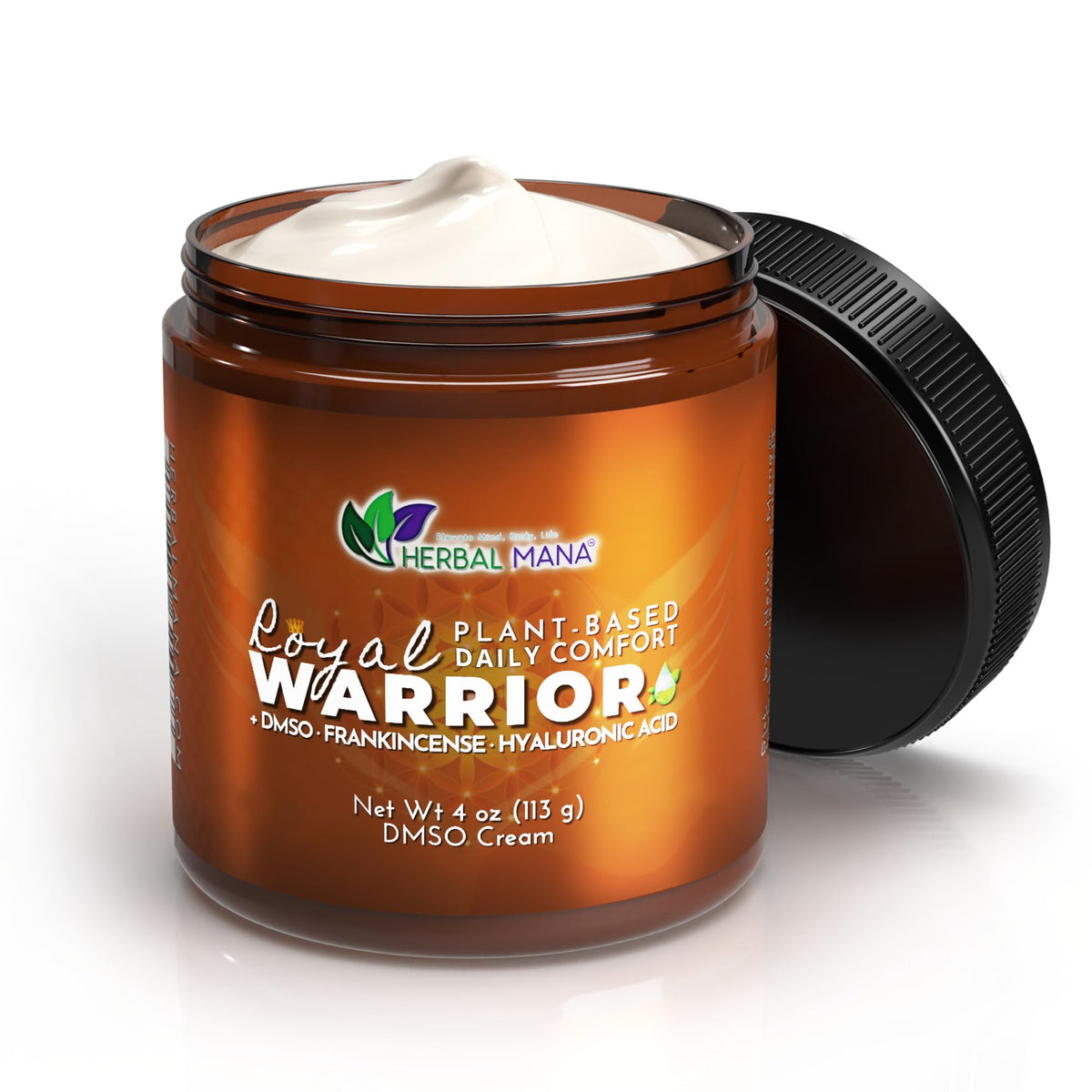Herbal Mana Royal Warrior jar front view showing label and clean design benefit: easy identification