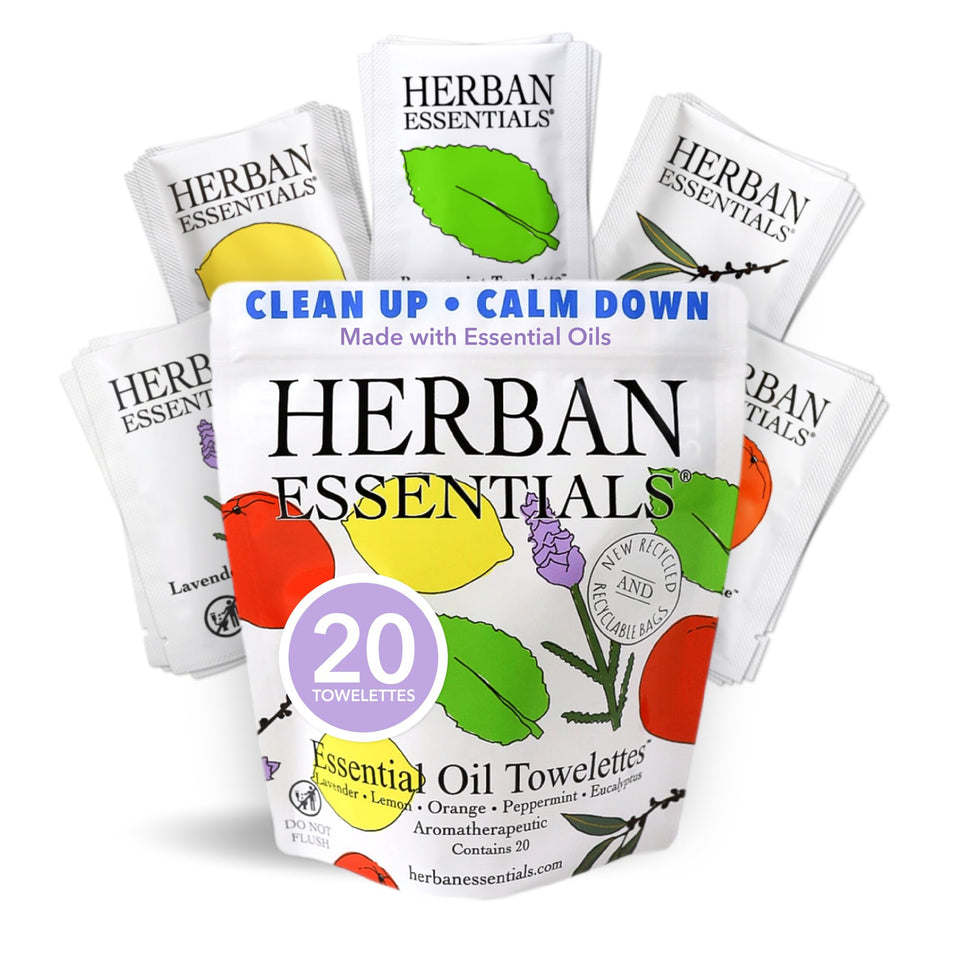Herban Essentials front packaging showing 20-count lavender wipes and portability benefit