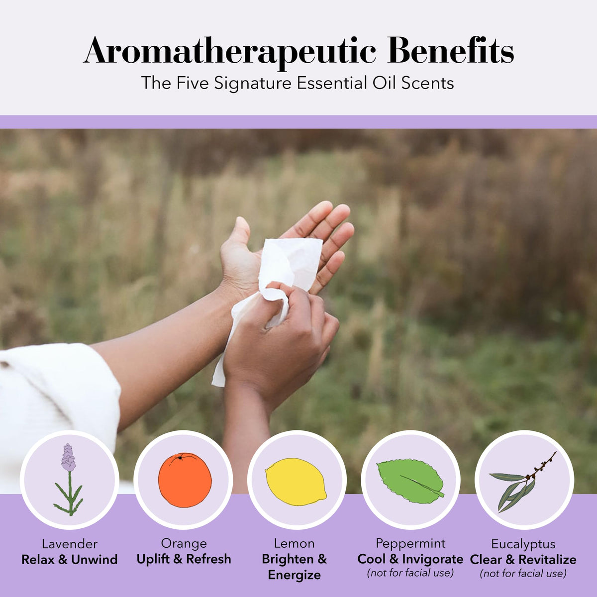 Herban Essentials wipe in hand illustrating gentle cleansing and quick refresh