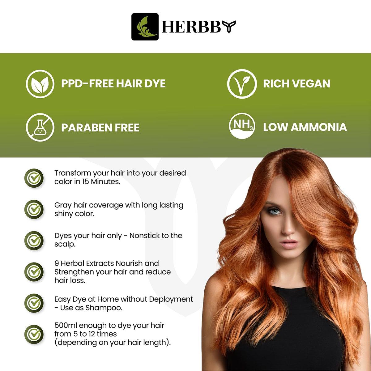 HERBBY bottle label details highlighting ingredients and low-ammonia benefit