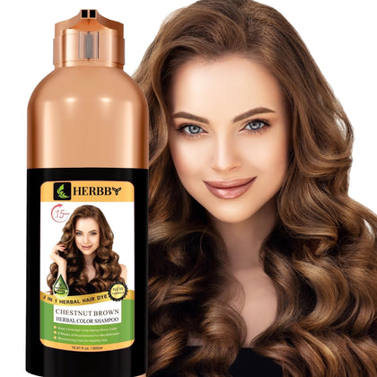 HERBBY bottle front view showing chestnut brown shade and benefits