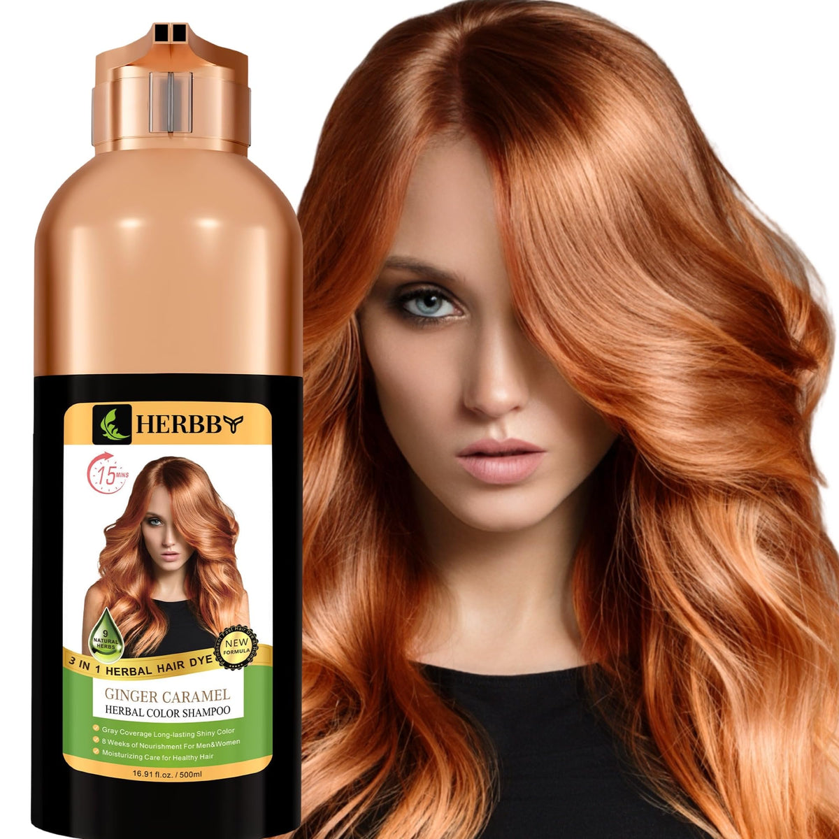 HERBBY ginger caramel front packaging showing 500ml bottle and label benefit