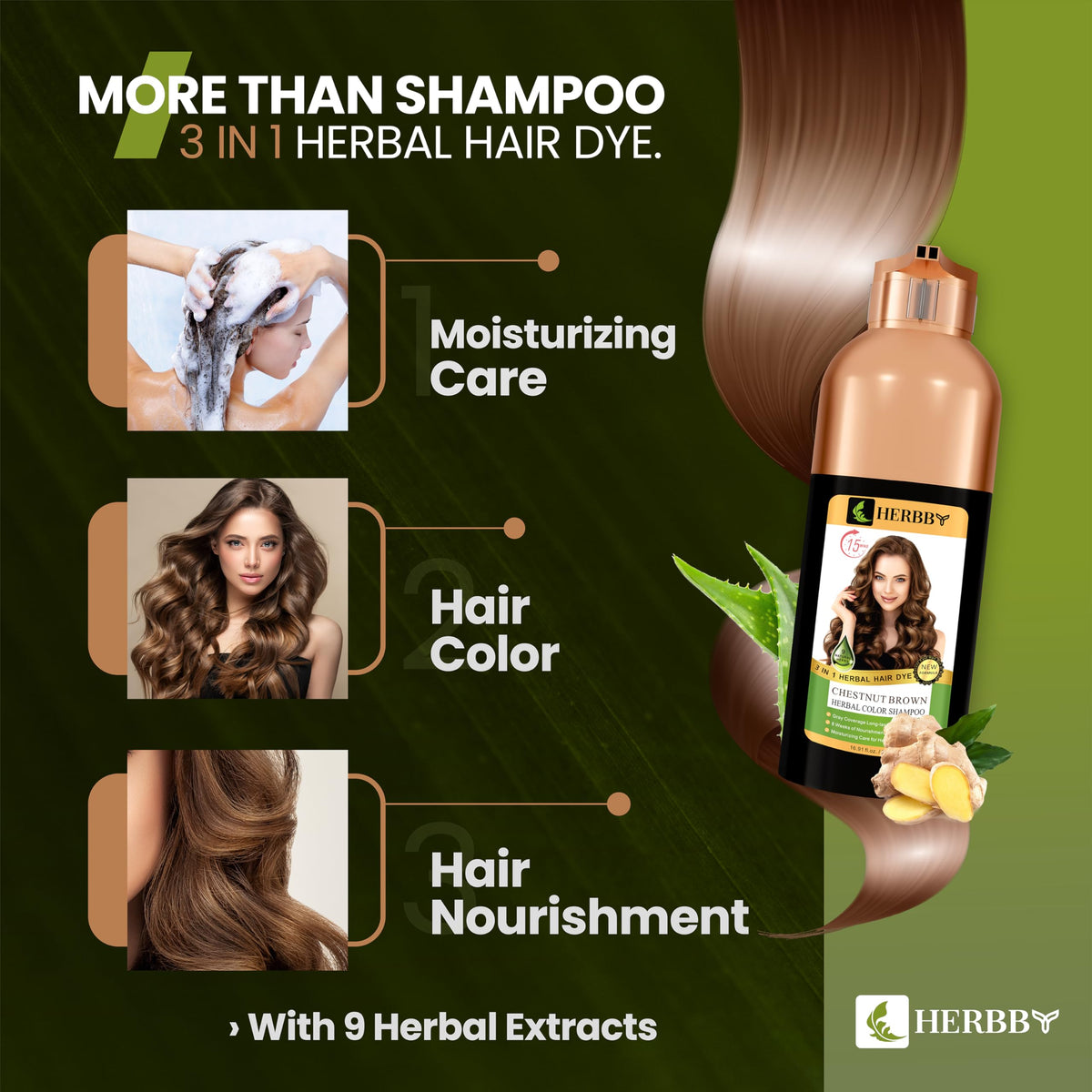 HERBBY-treated hair glossy finish demonstrating added shine and smoothness