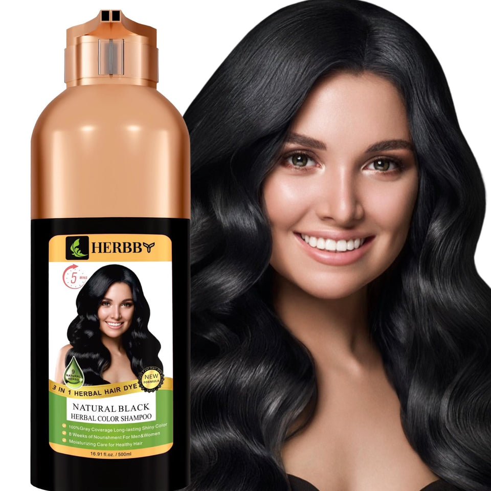 HERBBY bottle front packaging showing Natural Black and benefits