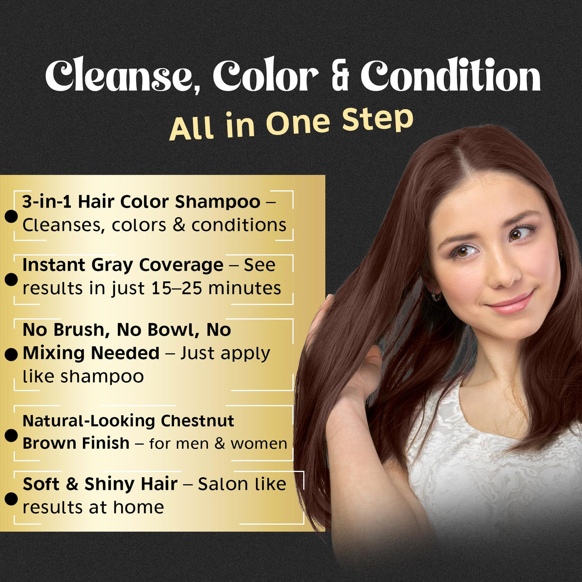 Hand holding Herbishh chestnut brown shampoo to show easy home application