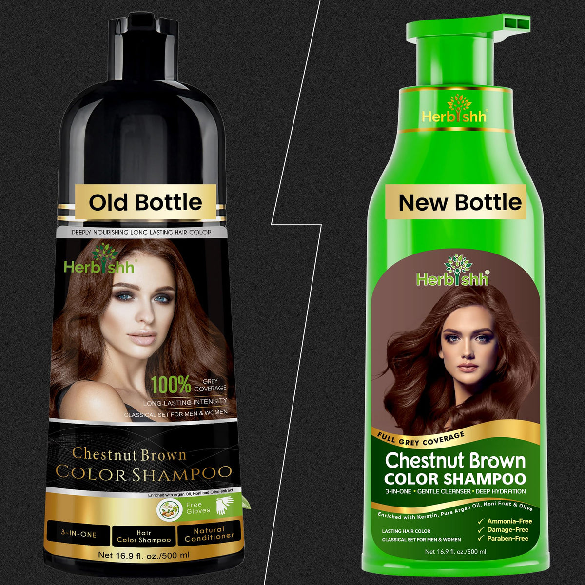 Herbishh chestnut brown shampoo texture pouring from bottle, shows creamy consistency