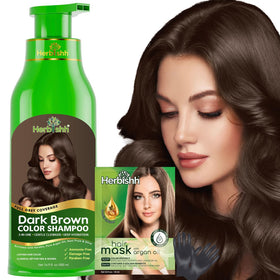 Herbishh front label showing dark brown shampoo benefits and clear instructions
