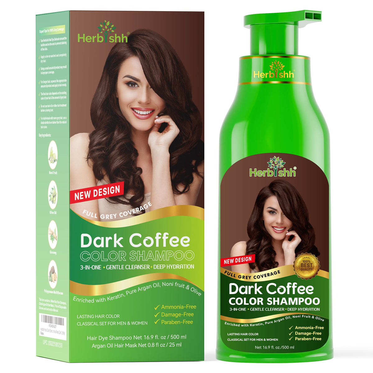 Herbishh bottle front view showing dark coffee color and easy use benefit