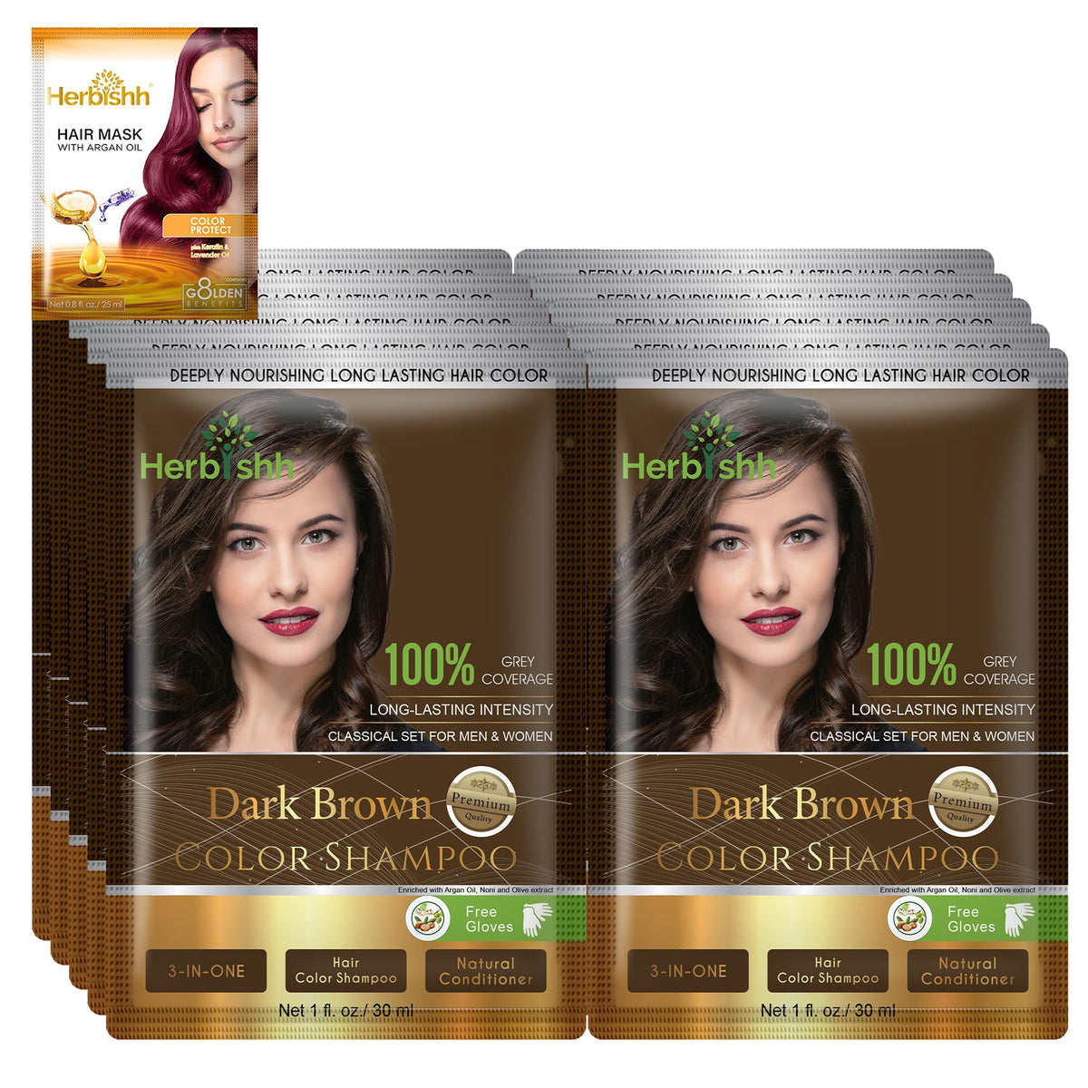 Herbishh front packaging showing dark brown sachets and travel kit benefit