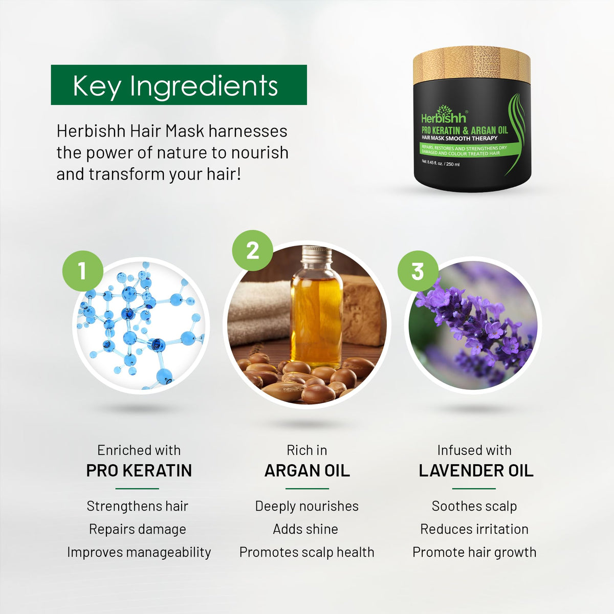 Herbishh ingredients display argan oil and keratin for stronger hair