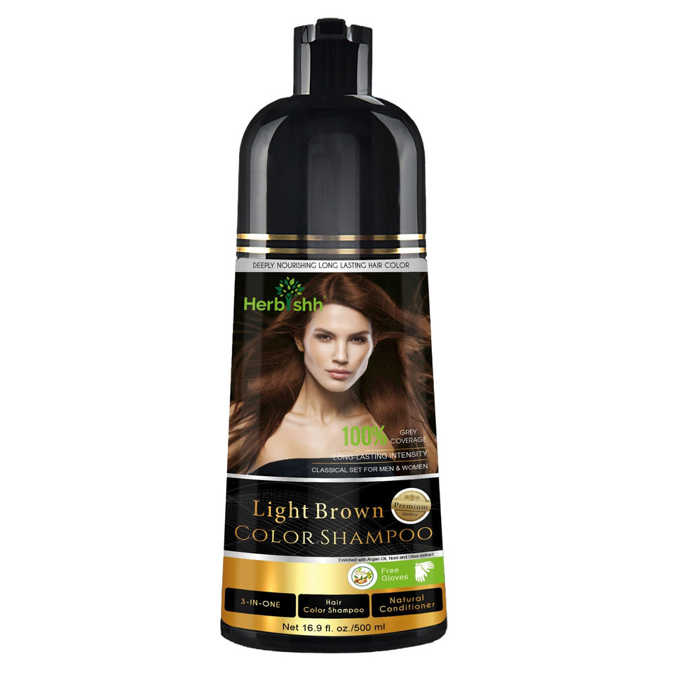 Herbishh front bottle showing label and light brown shade benefit