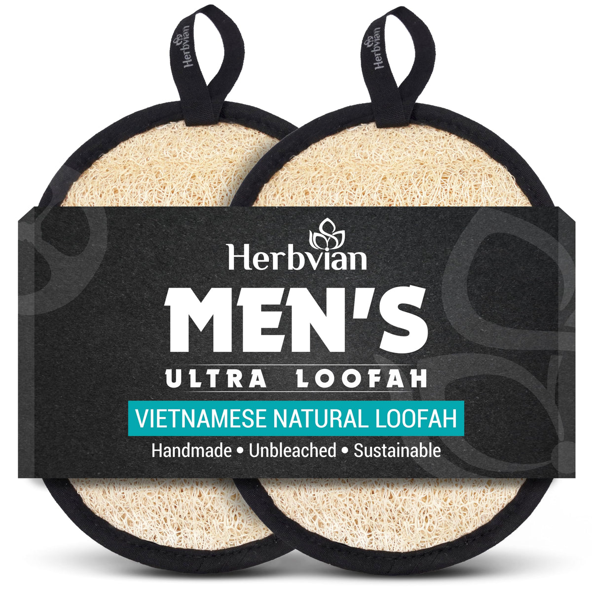 Herbvian front view showing two black and white loofah sponges, durable look