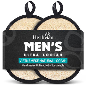 Herbvian front view showing two black and white loofah sponges, durable look