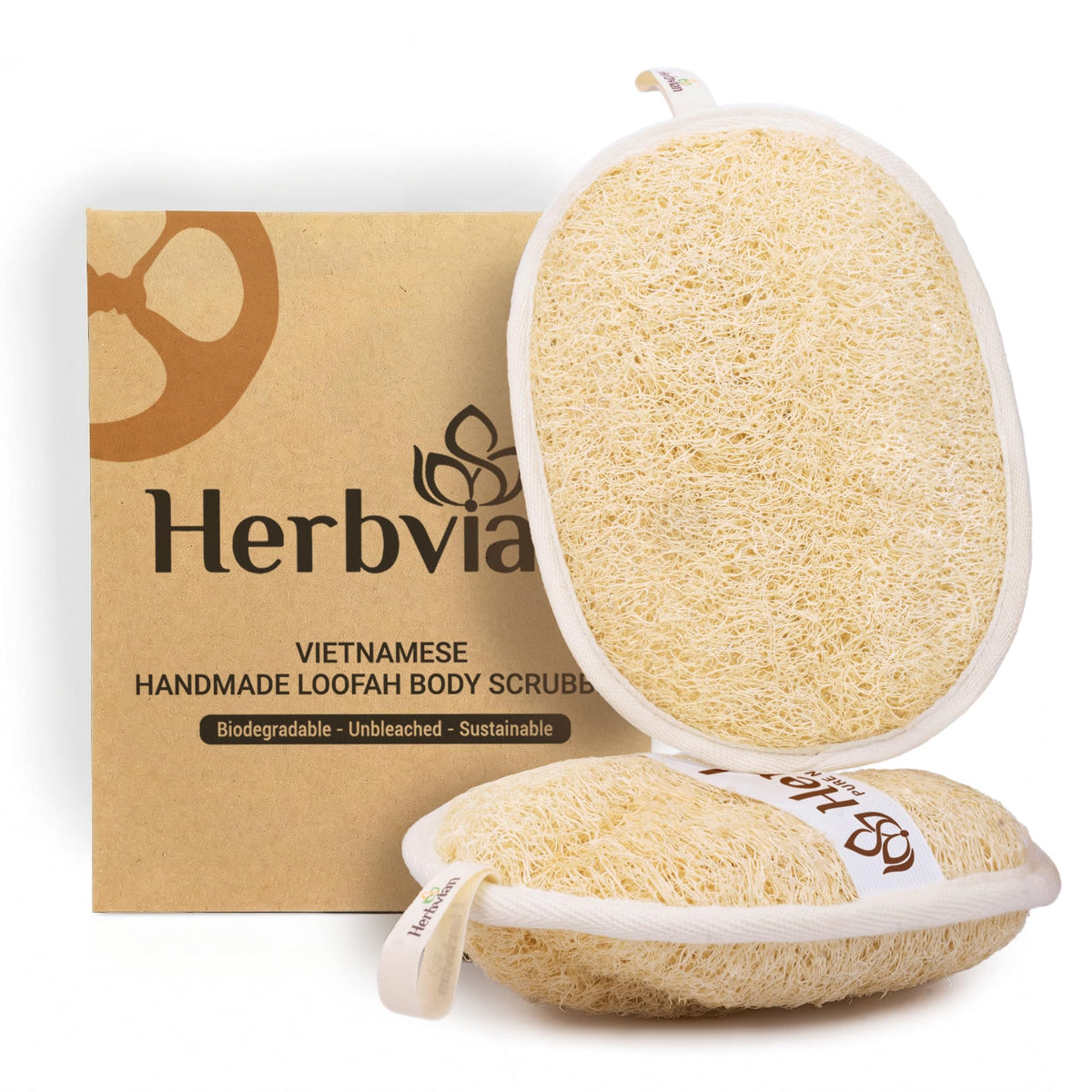 Herbvian oval front view showing natural plant-based loofah and compact design benefits