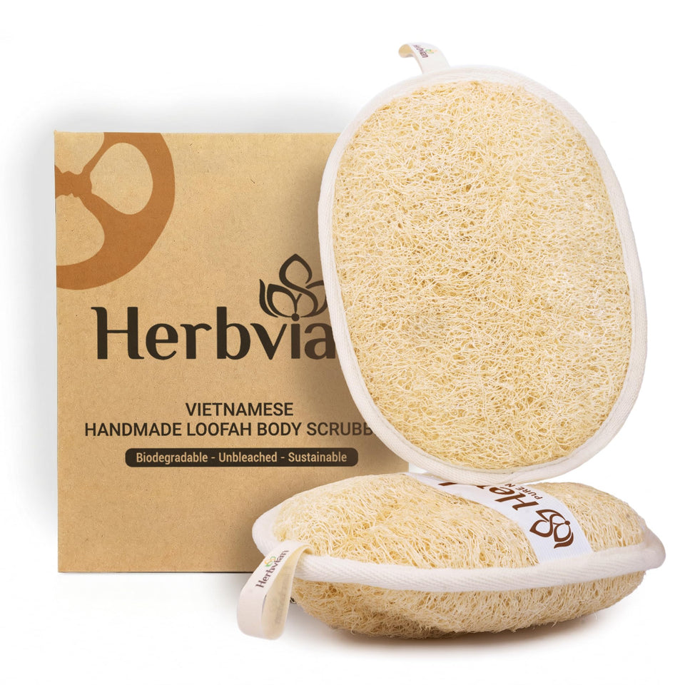 Herbvian oval front view showing natural plant-based loofah and compact design benefits