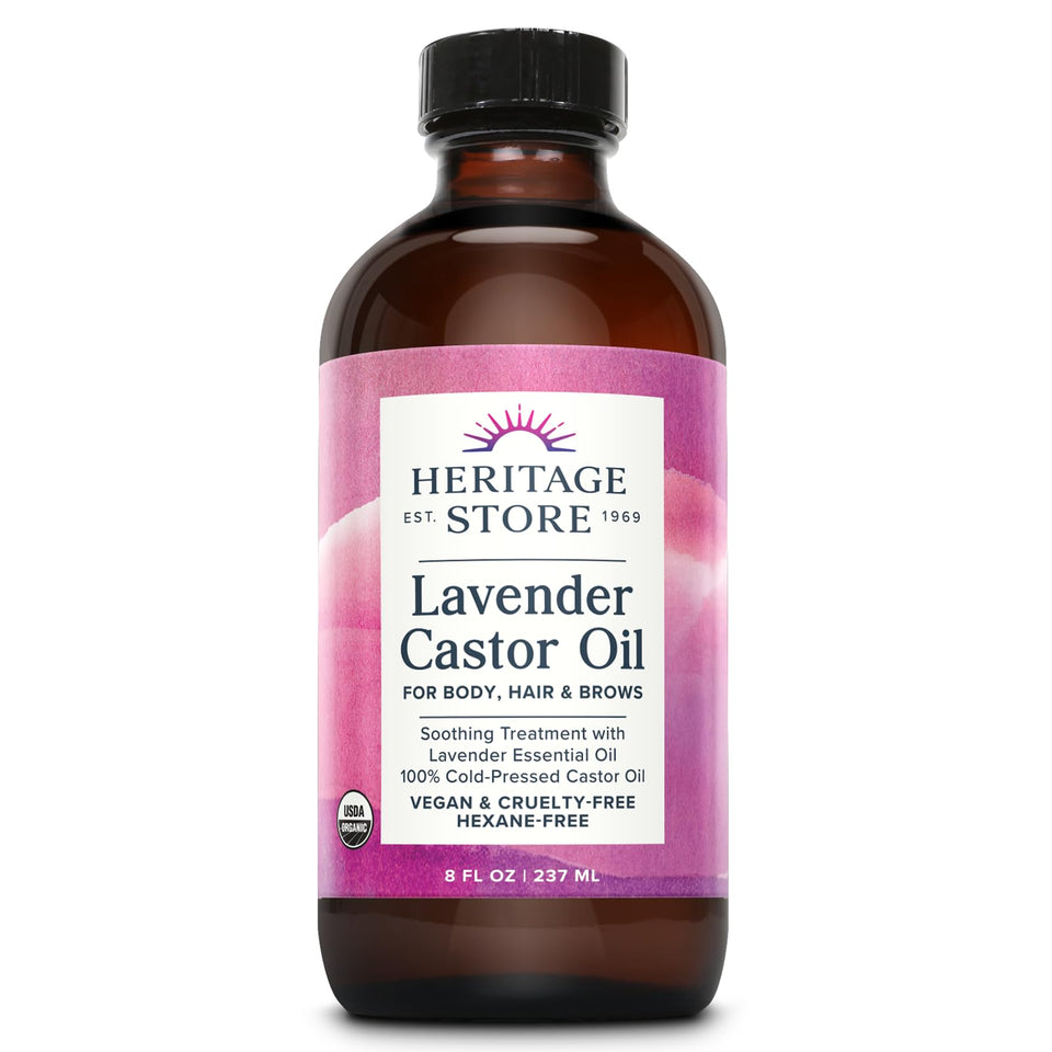 HERITAGE STORE front packaging showing organic lavender castor oil and benefits