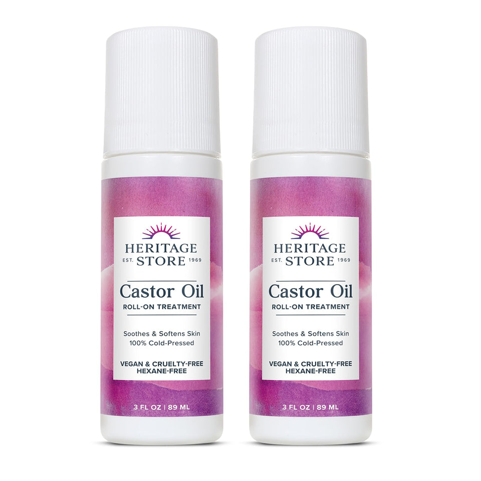 HERITAGE STORE front packaging showing dual roll-on bottles and label benefits