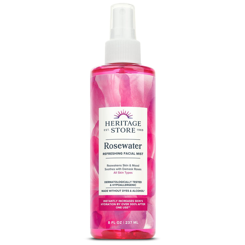 HERITAGE STORE front packaging showing 8oz bottle and calming rose benefit