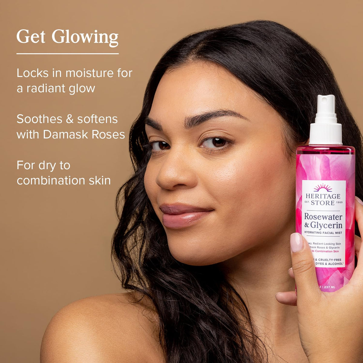 HERITAGE STORE fine mist spraying over face for instant hydration and glow