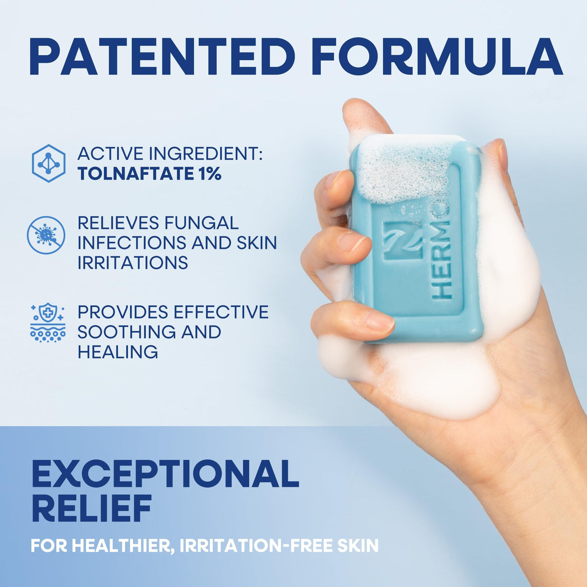 Hermon soap lathered in hand demonstrating cleansing action