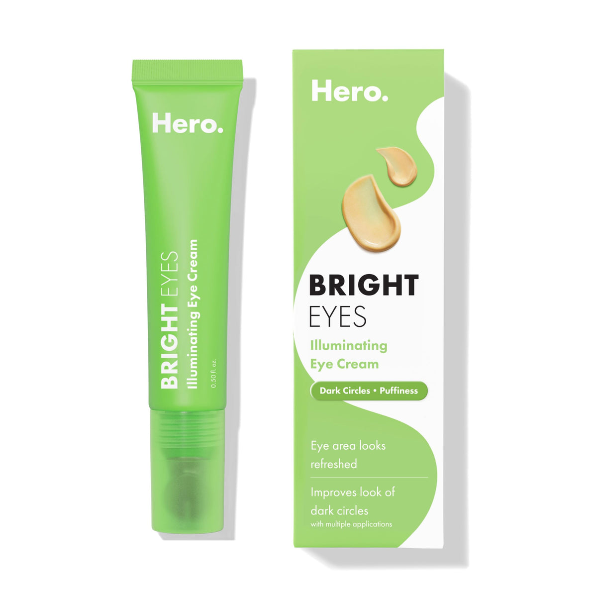 HERO COSMETICS front packaging showing Bright Eyes tube and benefits