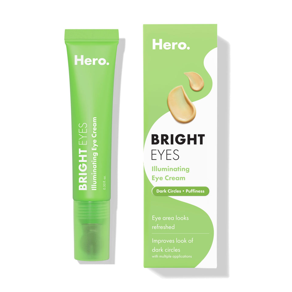 HERO COSMETICS front packaging showing Bright Eyes tube and benefits