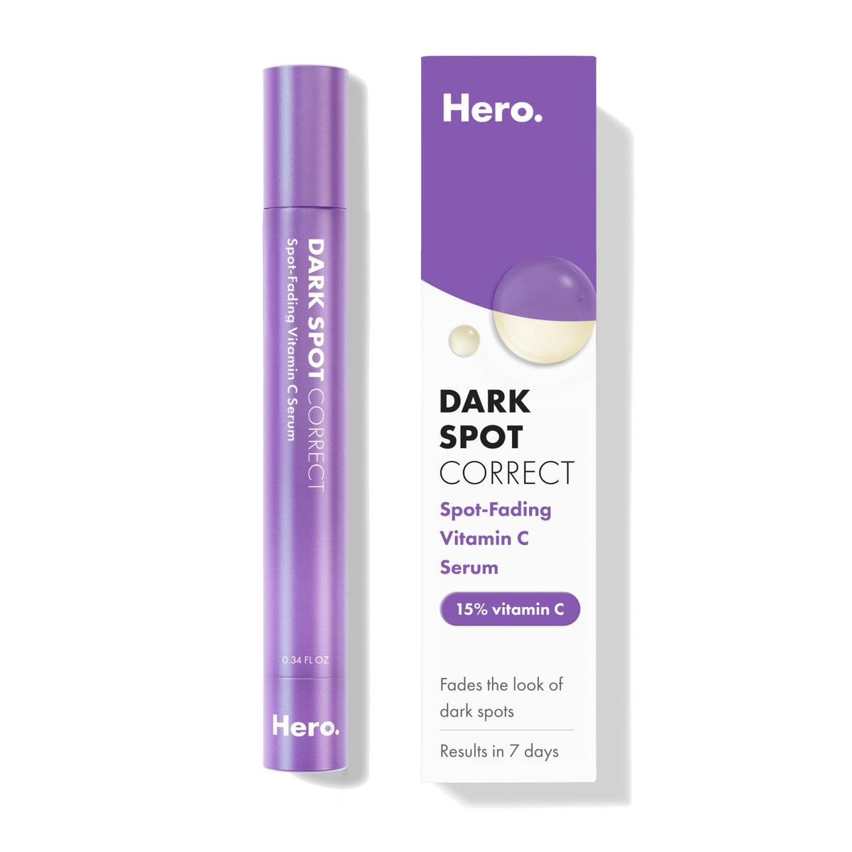 HERO COSMETICS front packaging showing dark spot serum pen, portable precision