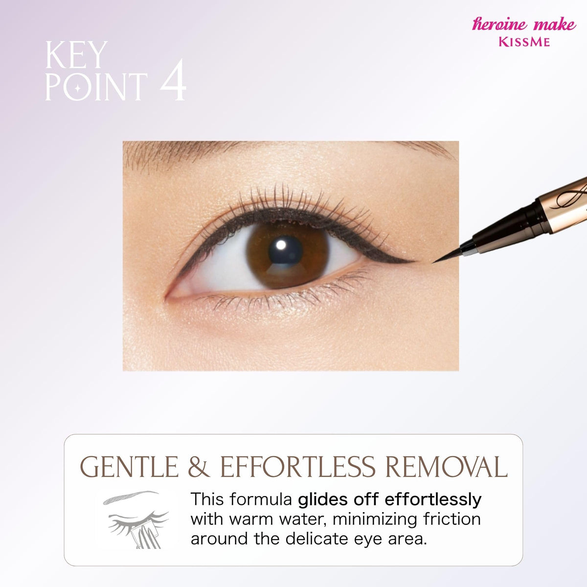 Heroine Make before and after wear comparison illustrating smudge-proof, water-resistant hold