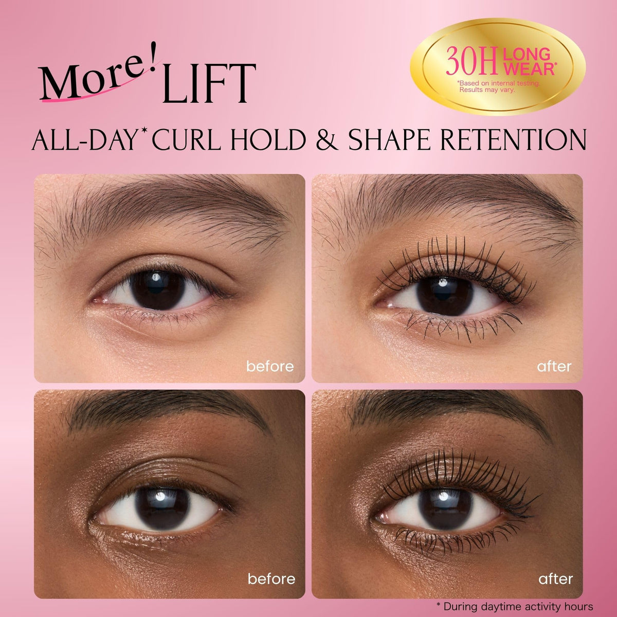 Heroine Make before and after lashes comparison showing dramatic length and volume benefit
