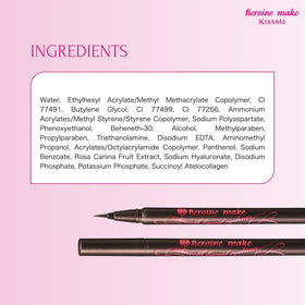 Heroine Make label close-up highlighting waterproof and hypoallergenic claims