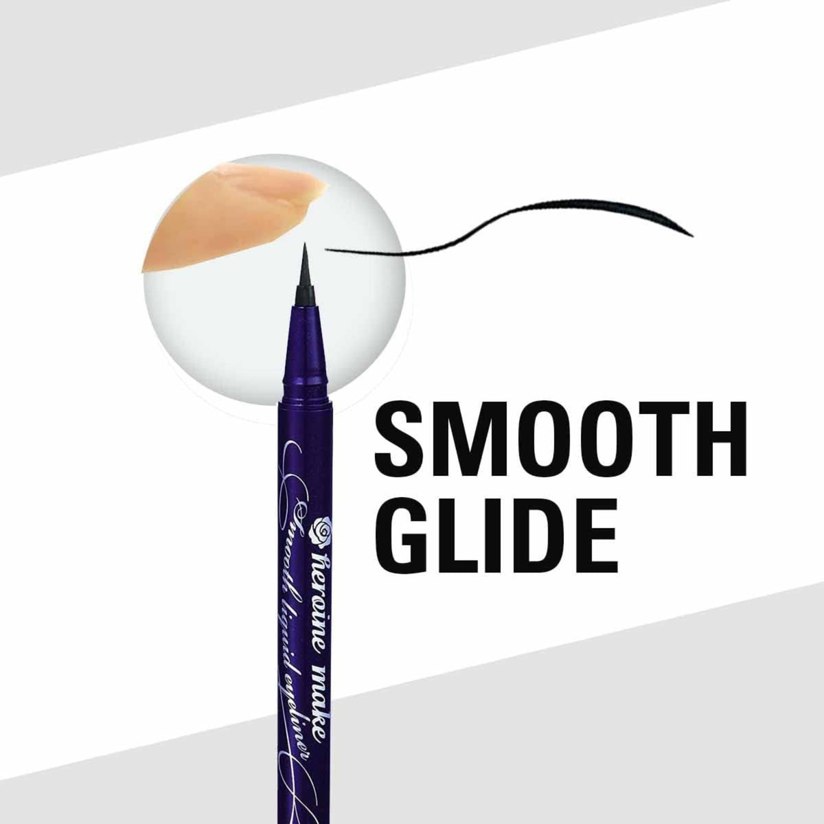 Heroine Make stroke sample on skin illustrating smooth, smudge-proof finish