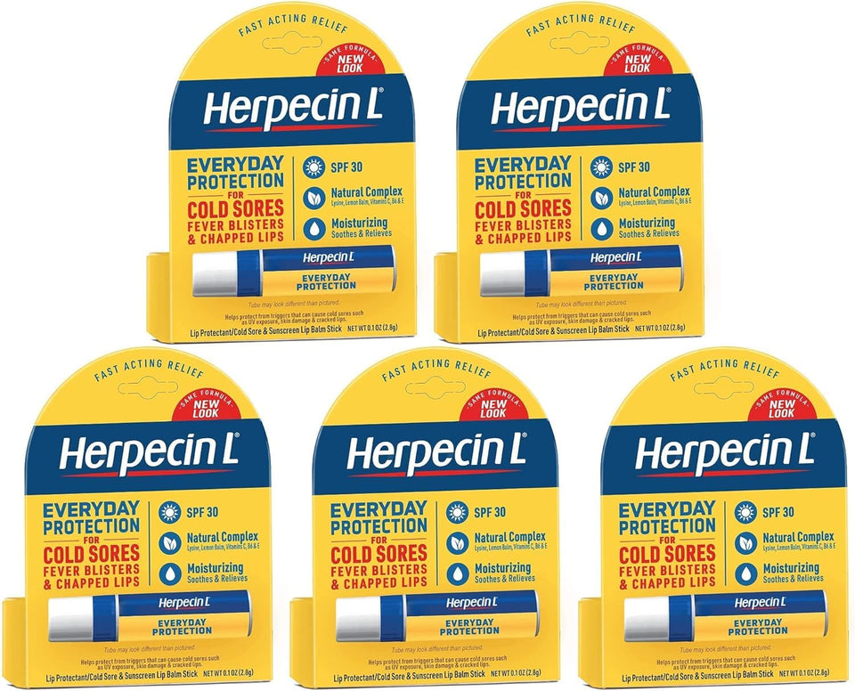 Herpecin-L front packaging showing SPF 30 protection and five-pack convenience