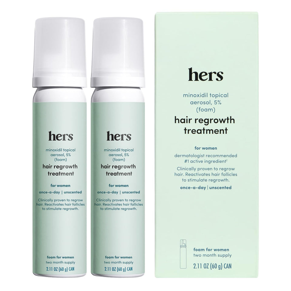 HERS front packaging showing two 5% minoxidil foam cans for easy routine