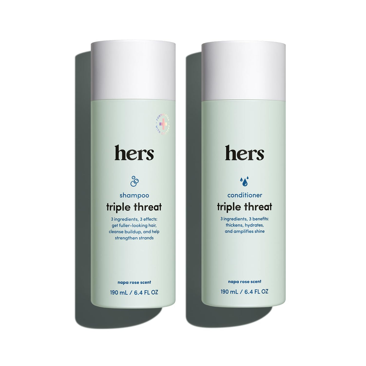 hers front packaging showing two 6.4 fl oz bottles and product benefits