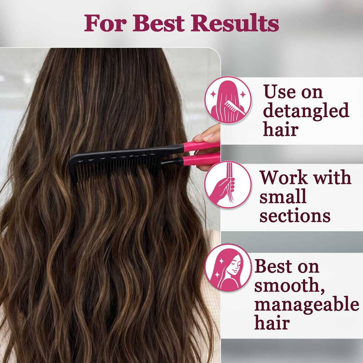 HerStyler comb positioned beside flat iron protecting hands from heat