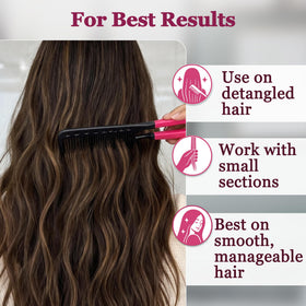 HerStyler comb positioned beside flat iron protecting hands from heat