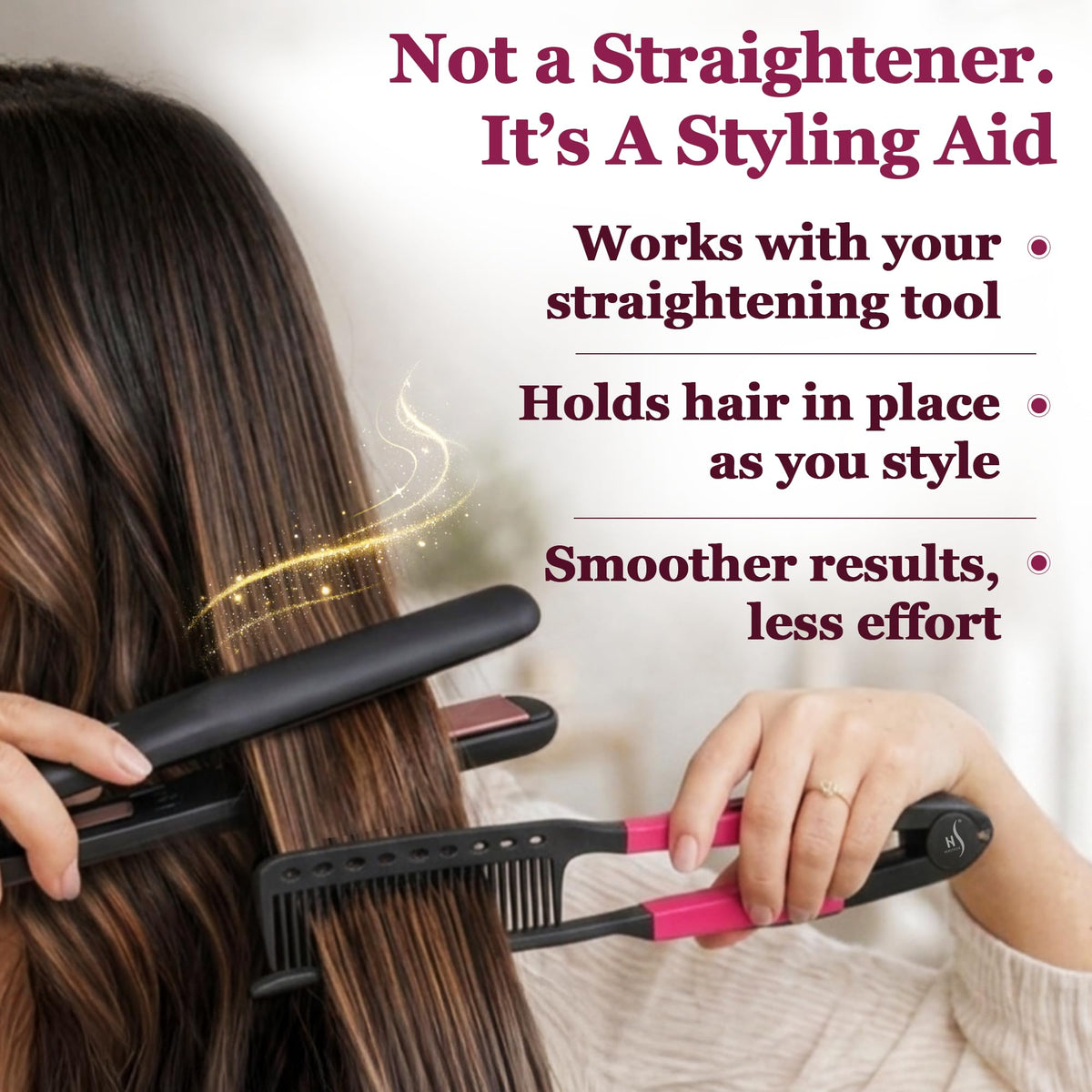 HerStyler detail of comb teeth and finish for gentle glide benefit