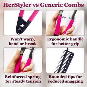 HerStyler comb guiding hair under a flat iron for faster styling