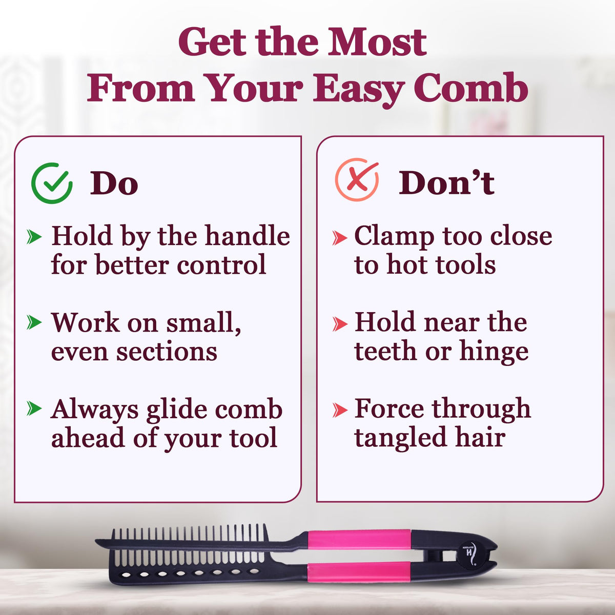 HerStyler lifestyle image using comb in transit for polished hair quickly