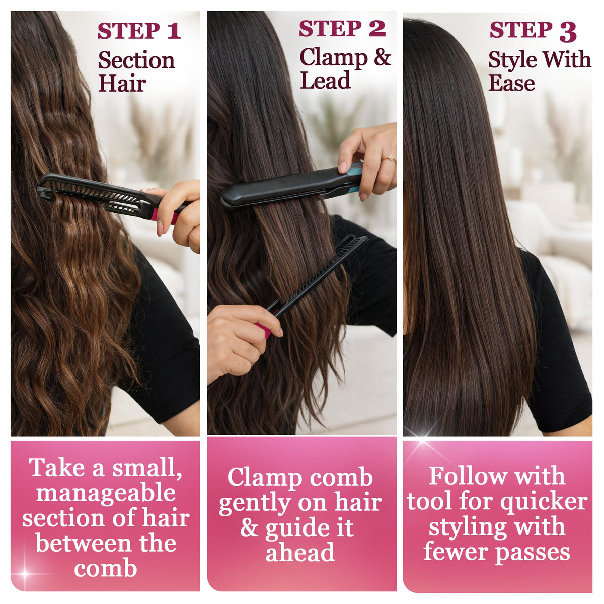 HerStyler close-up of V-shaped comb teeth for smooth detangling