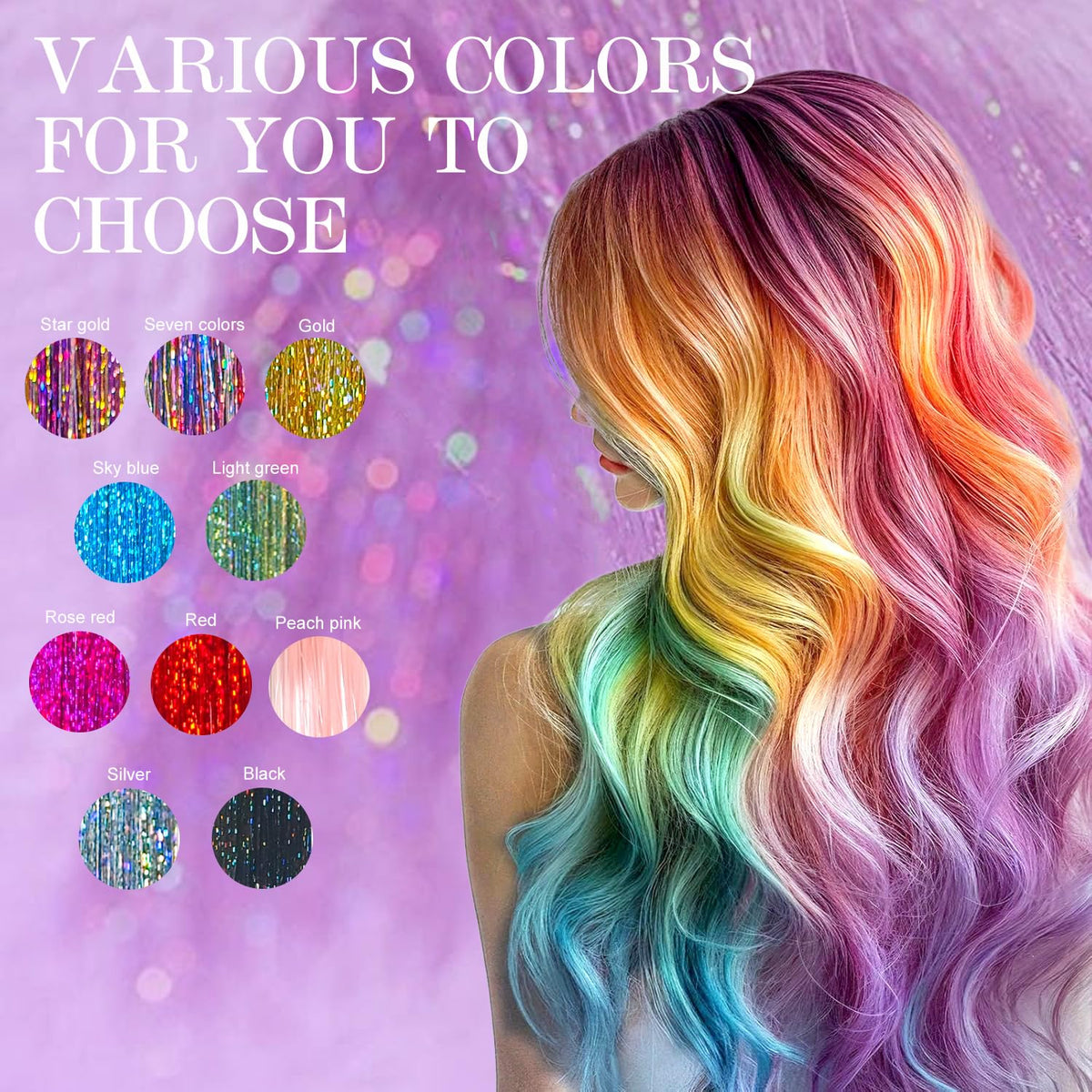 HERSUN full color range spread of ten 48 inch tinsels for creative choice