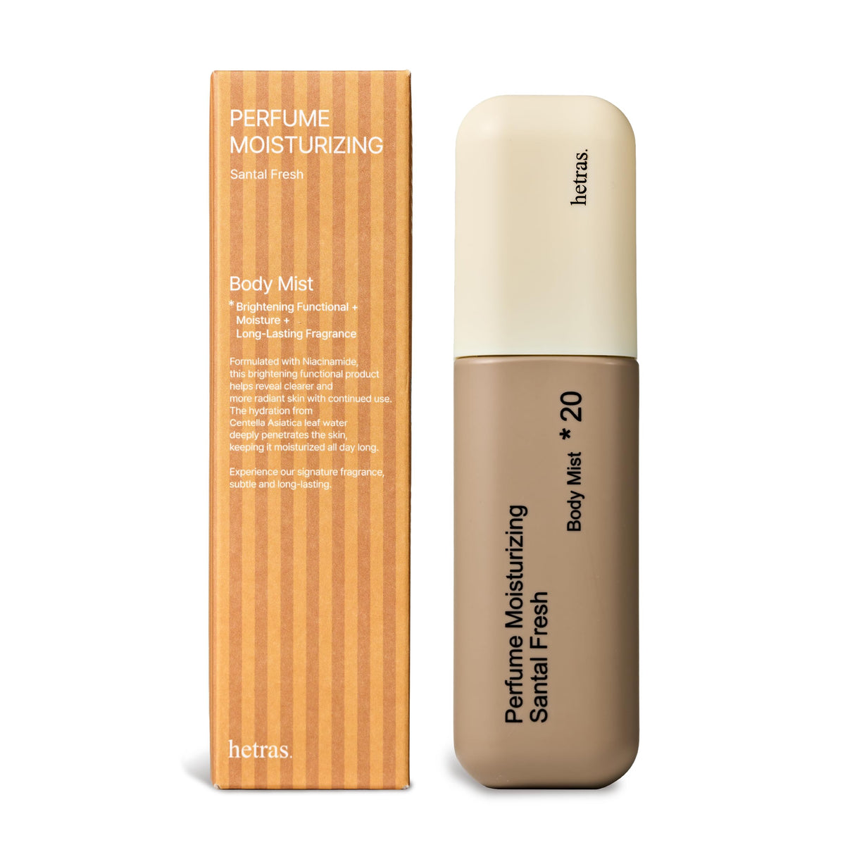 hetras front packaging bottle showing Santal Fresh and compact travel-friendly size