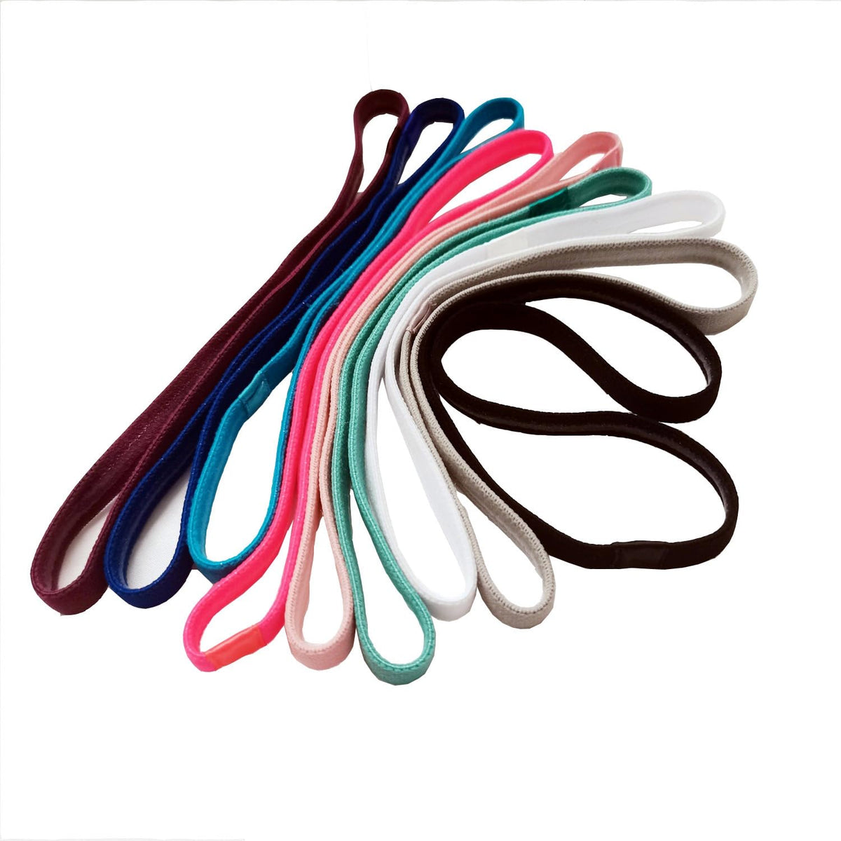 Hexchasty front view of nine headbands showing color variety and compact set