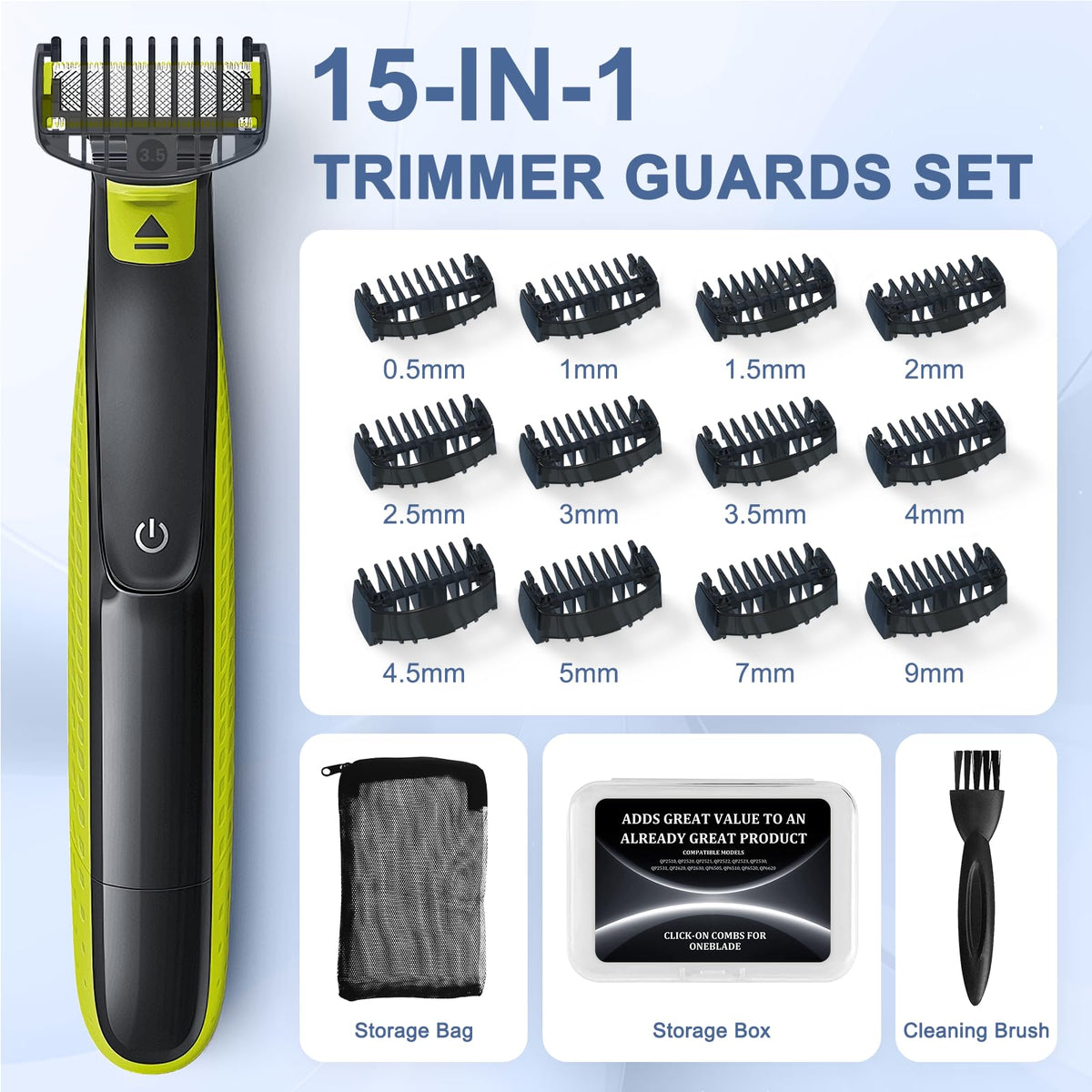 HEY BLLFLYBY guard snapped onto a Norelco trimmer for stable, accurate trimming