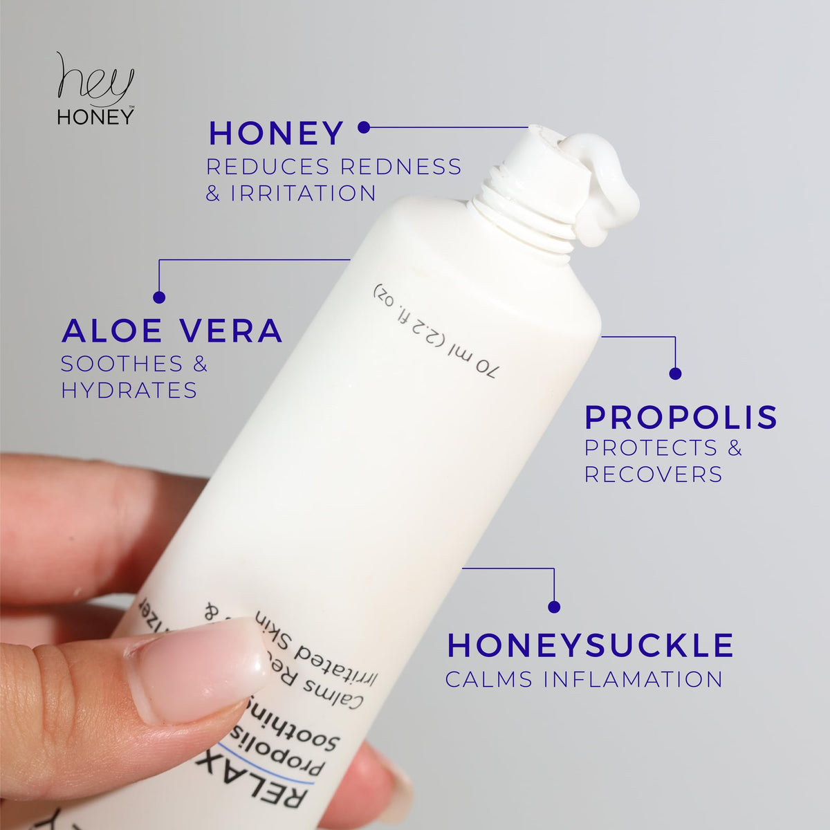 Hey Honey Relax being applied to cheek to reduce redness and calm irritation